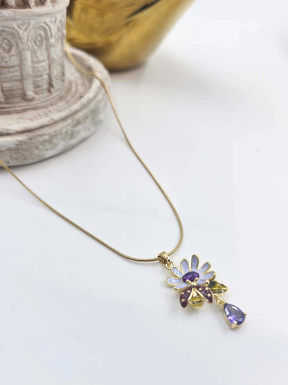 Starlith Purple Daisy with Blue Drop-Women's Necklace-Emberstone-Emberstone