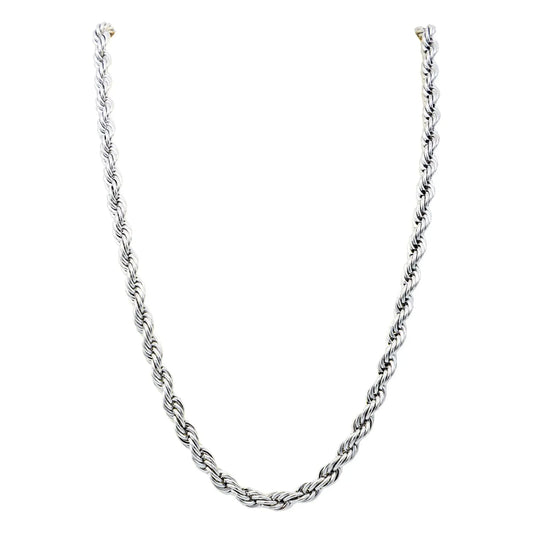 Silver twisted rope chain necklace with intricate woven design on white background