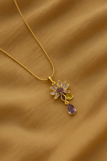 Starlith Purple Daisy with Blue Drop-Women's Necklace-Emberstone-Emberstone