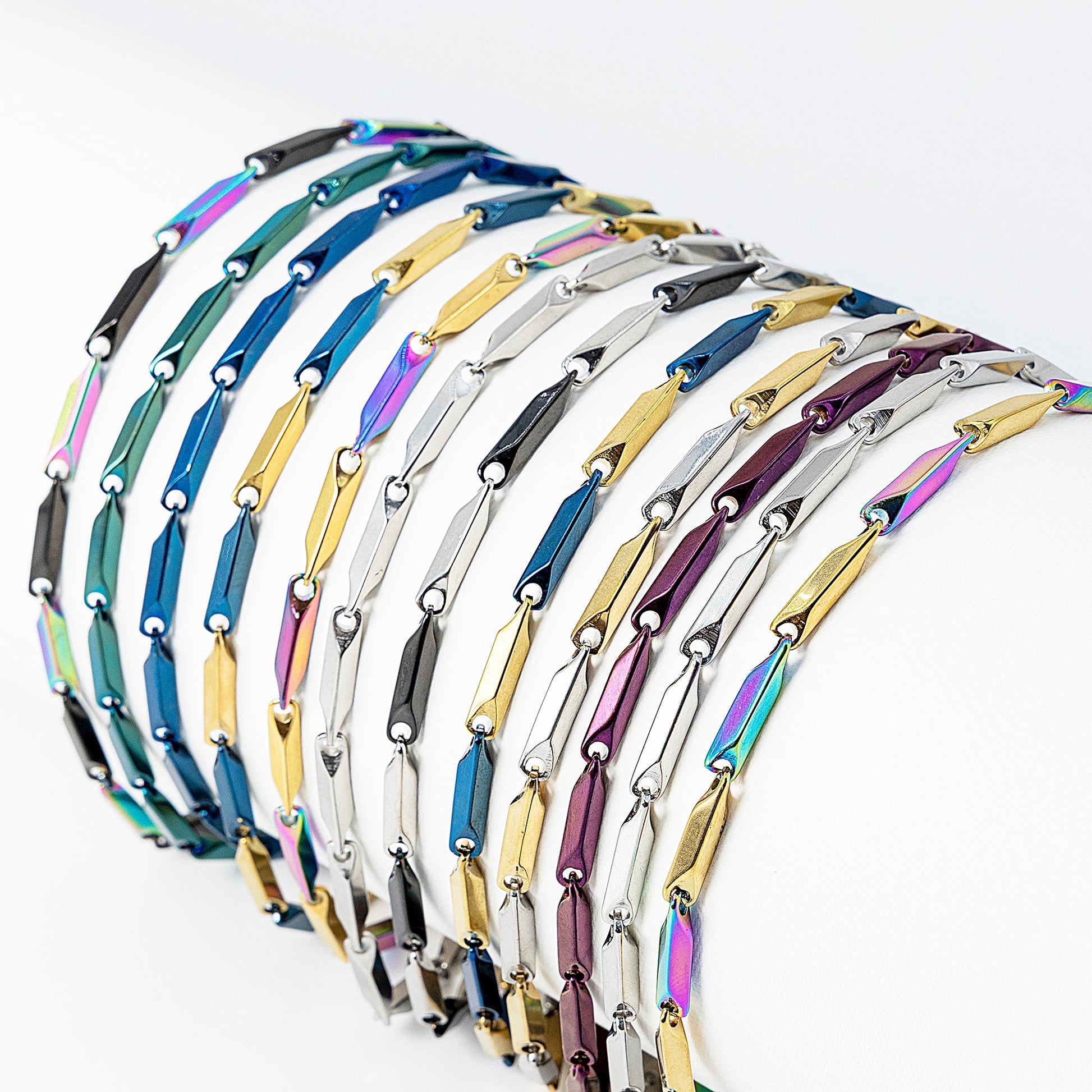 Collection of Emberstone Jewellery rice chain men's stainless steel necklace in various colors and finishes