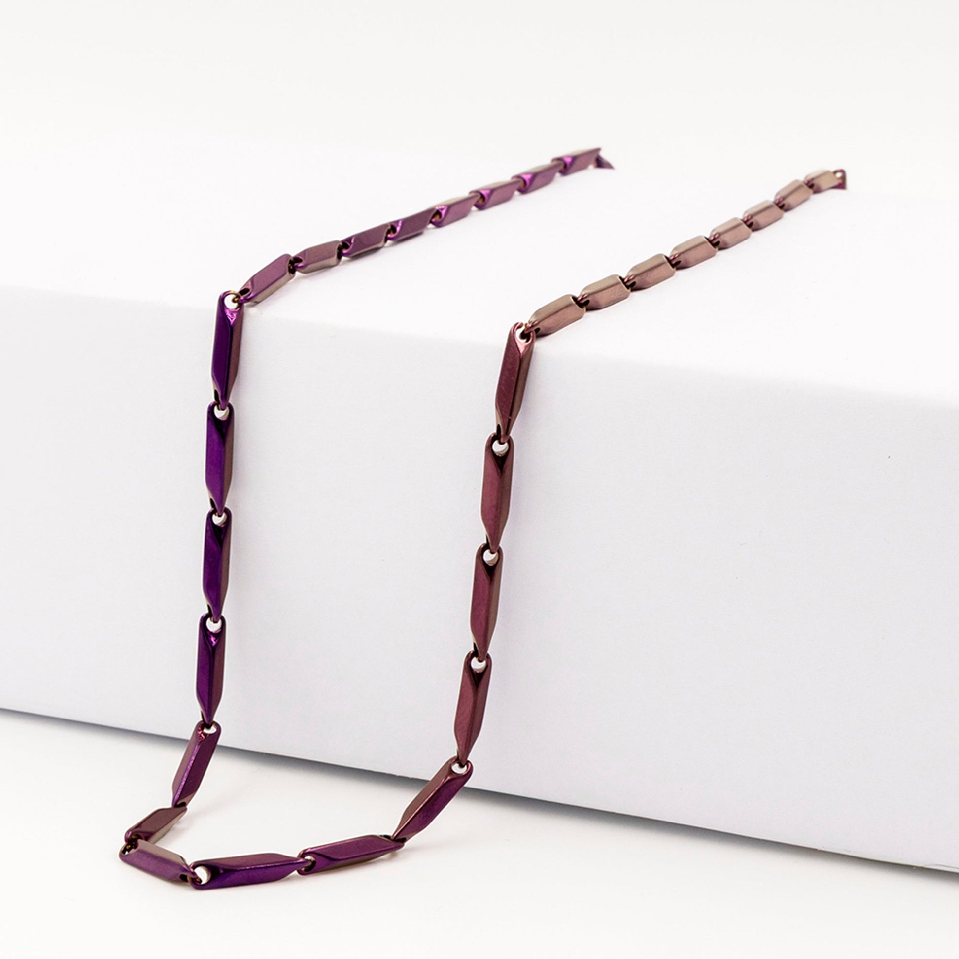 Emberstone Jewellery men's stainless steel necklace featuring a unique rice chain design in purple and brown